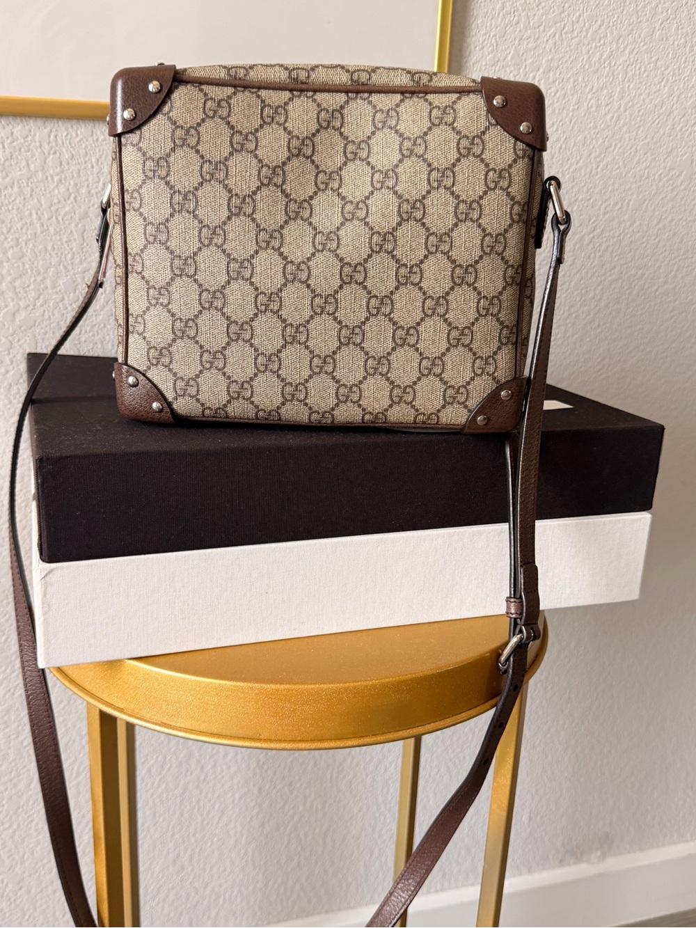 GUCCI GG Supreme Monogram Square Shoulder Bag Brown Strap Trunk Boxy - Picture 15 of 16